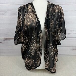 Olive Tree‎ Women's Black Floral Print Sheer Kimono Cardigan Top M